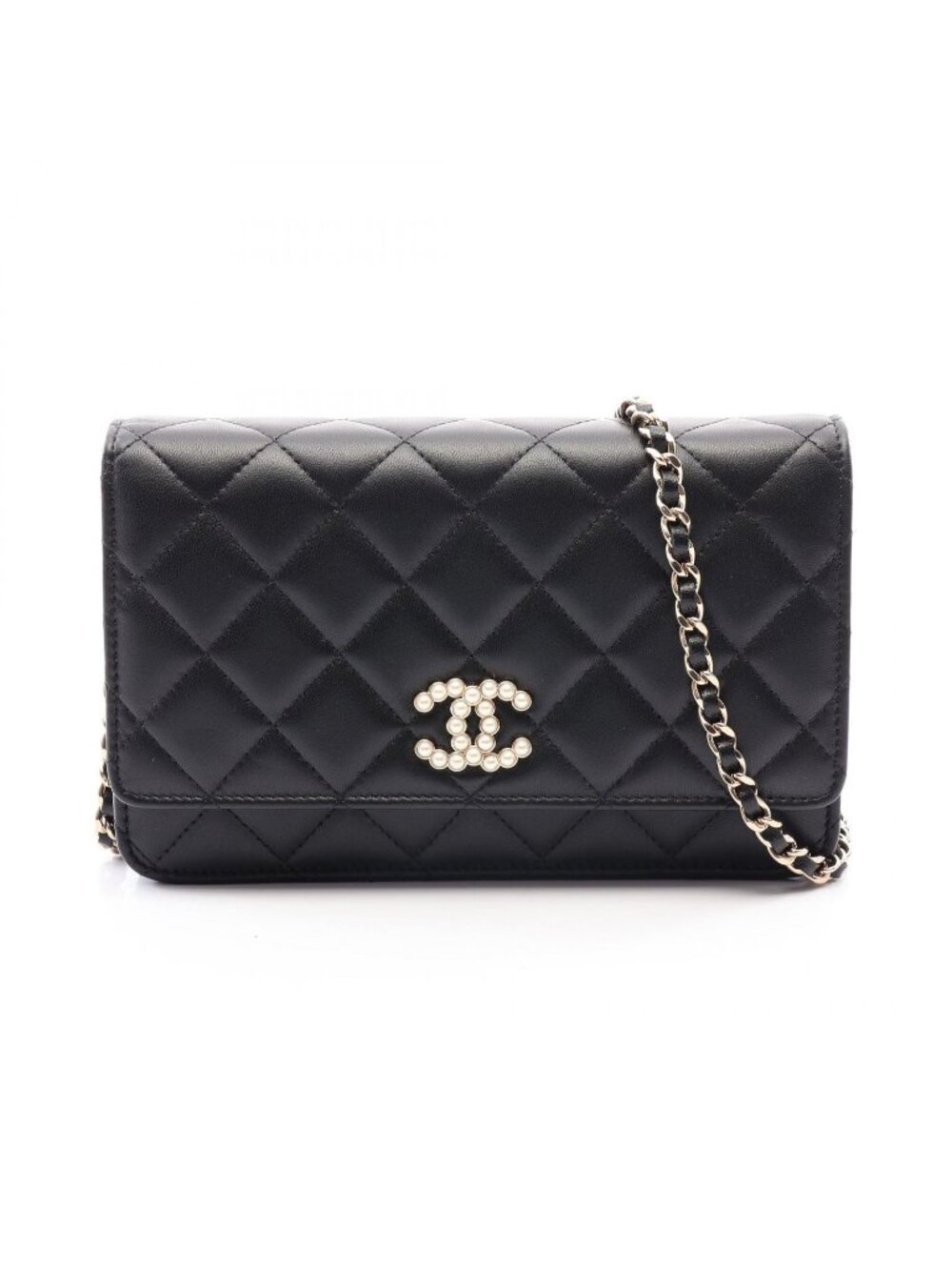 Chanel Shoulder Bag Quilted Coco Pearl Black Lambskin Chain Wallet